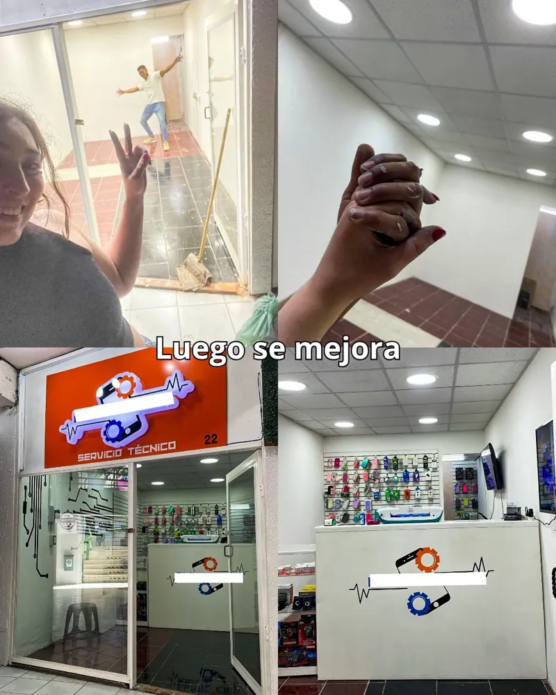 Alexis y Valentina en el local limpio y la fachada con el letrero de la nueva etapa